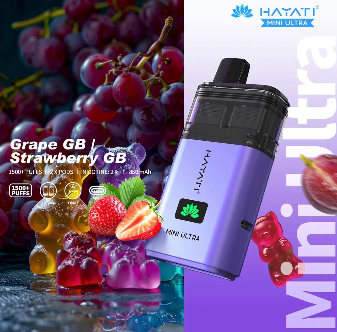 Grape Gummy Bear/Strawberry Gummy Bear | Hayati Mini Ultra 1500+ Puffs