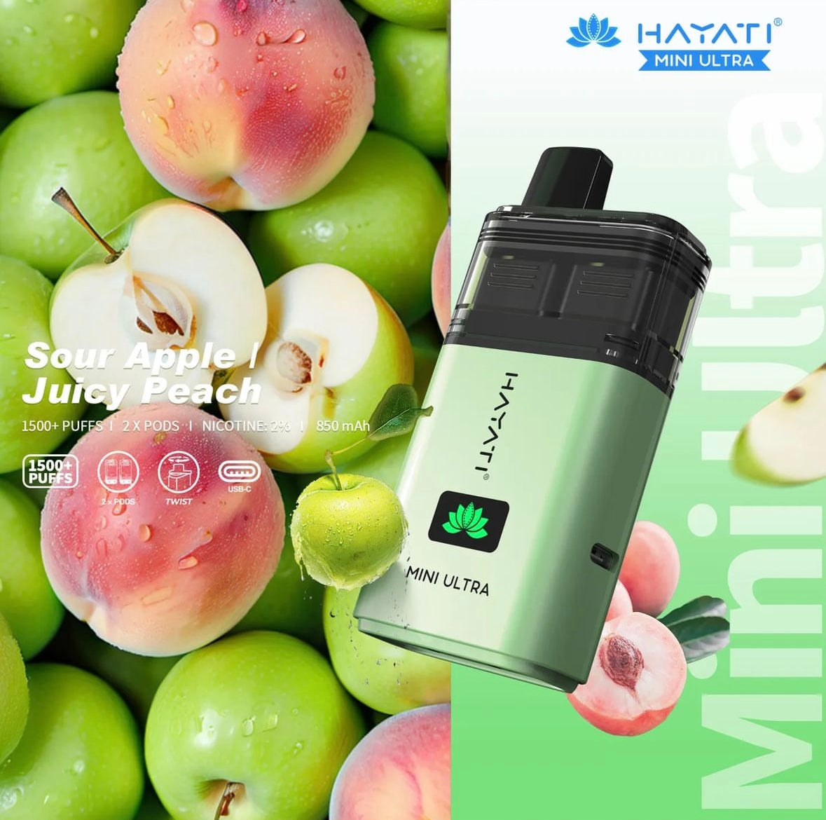 Sour Apple/Juicy Peach | Hayati Mini Ultra 1500+ Puffs