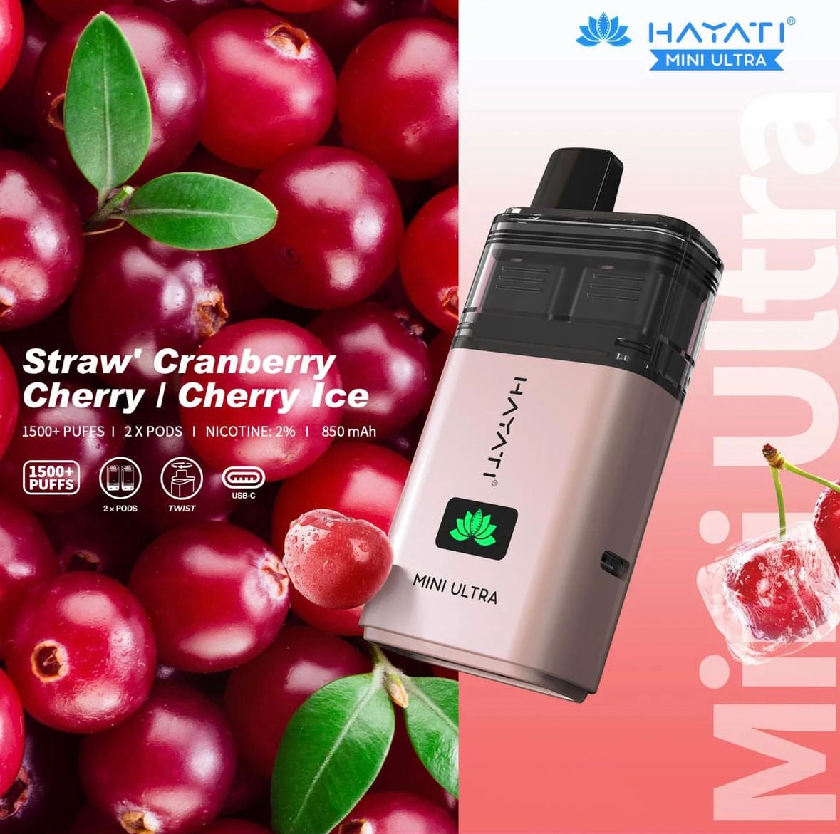 Straw' Cranberry Cherry/ Cherry Ice | Hayati Mini Ultra 1500+ Puffs